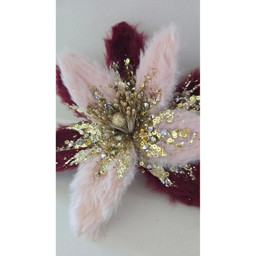 New Creative Co-Op Faux Fur Poinsettia Clip-on Ornaments Set of 3 Gold Pink